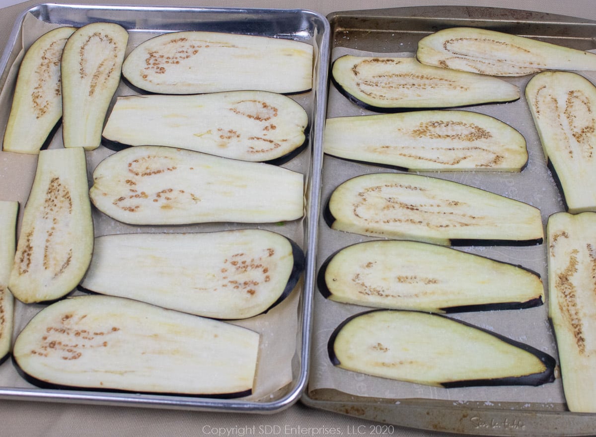 eggplant slices on a baking sheet