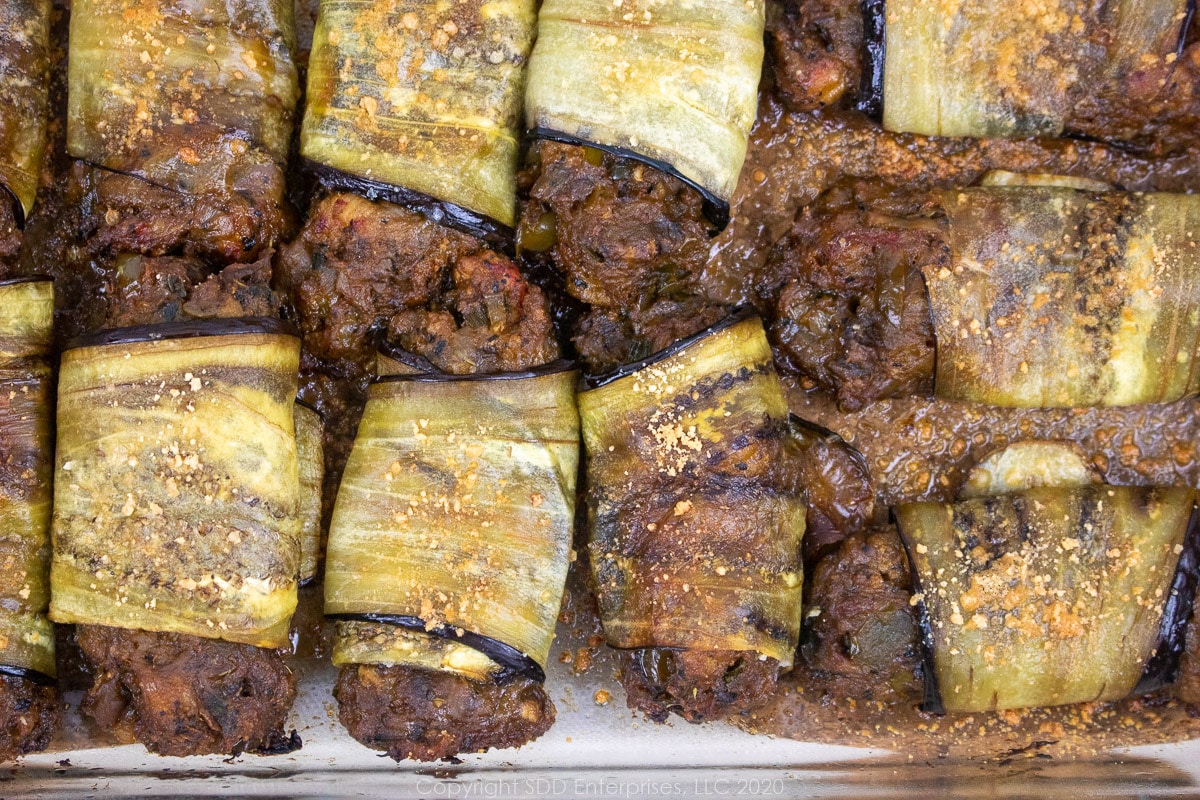 baked crawfish eggplant rollatini in a baking dish