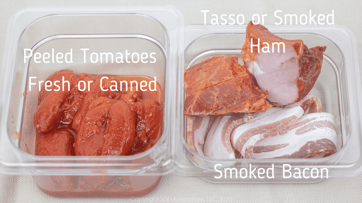 a bowl of peeled tomaotes and a bowl with smoked bacon and tasso and graphics