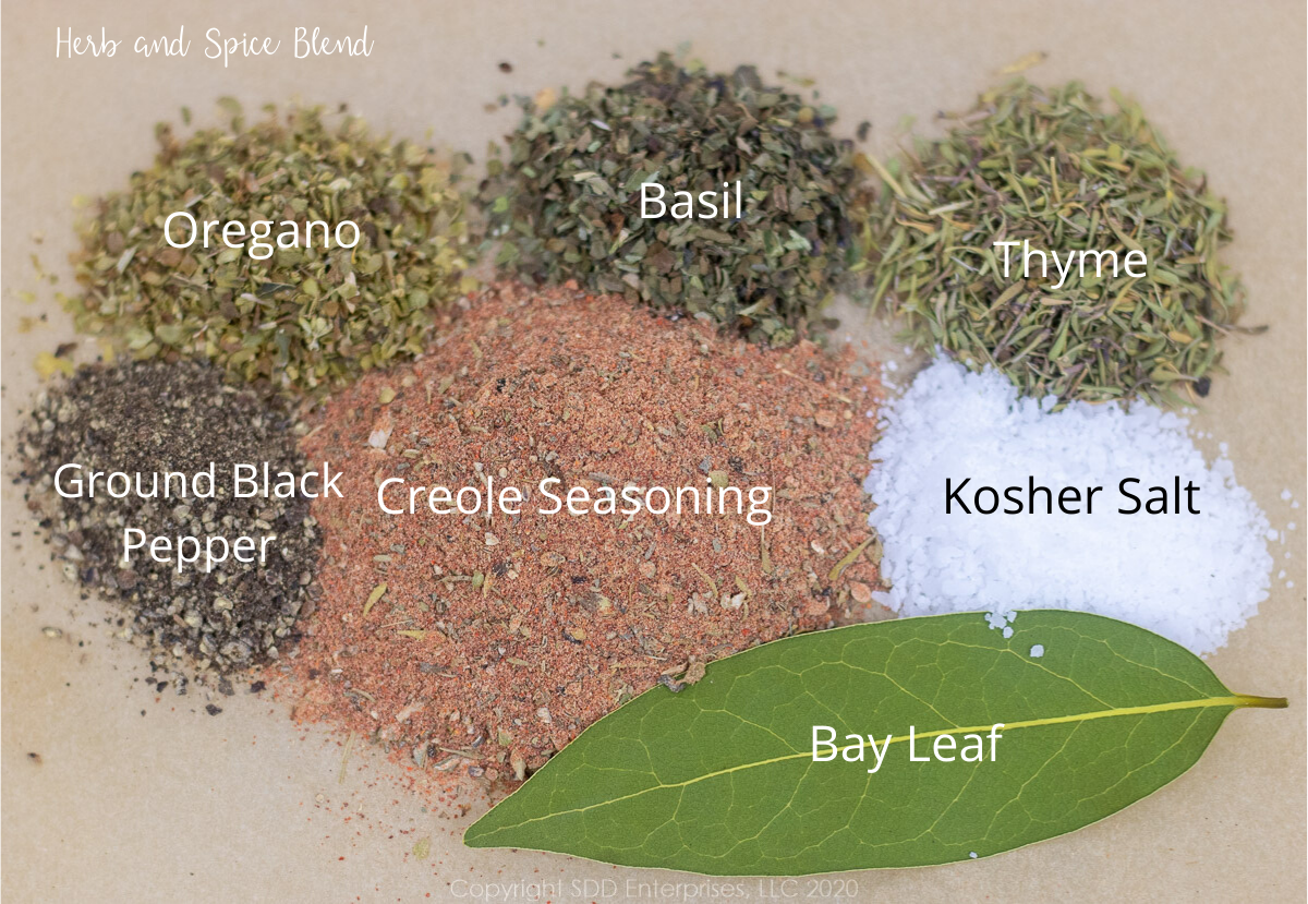 herbs and spices on parchment paper with graphics