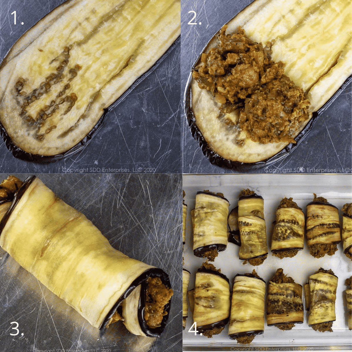 four steps to rolling crawfish filling in eggplant slices