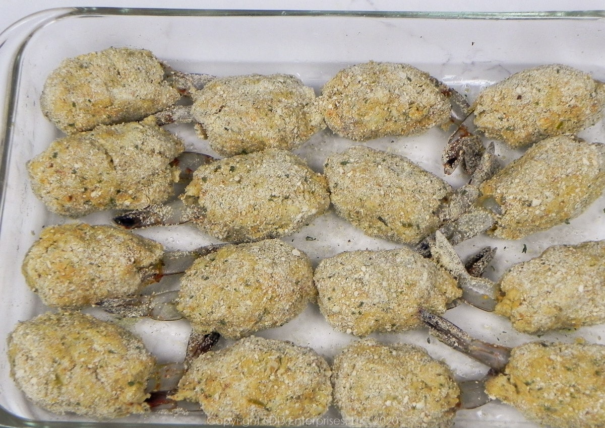 stuffed shrimp in a baking dish ready for the oven