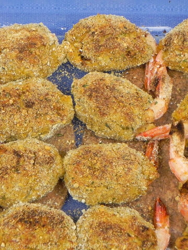 baked crab meat stuffed shrimp in a baking dish