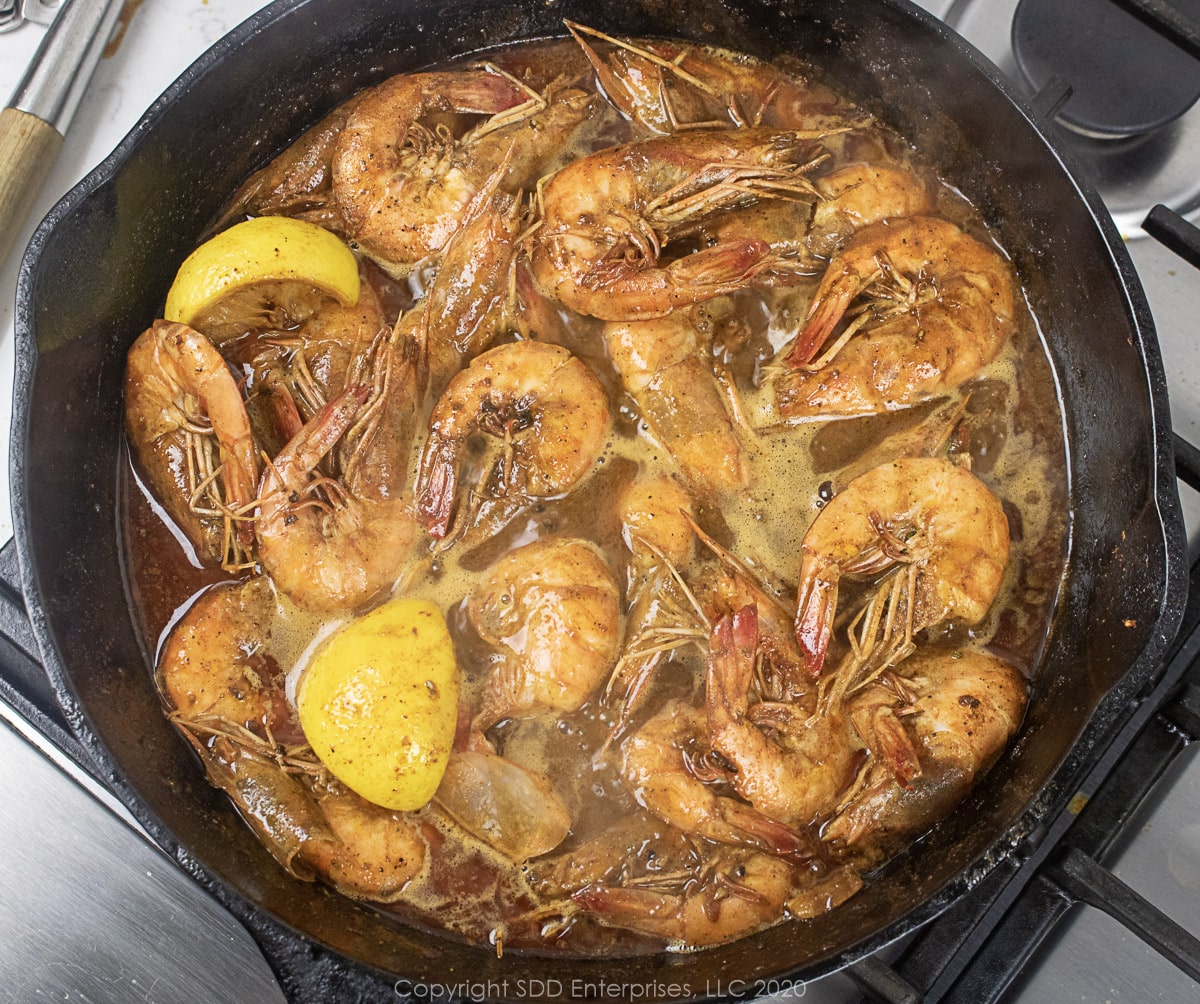 barbecued shrimp in a cast iron skillet