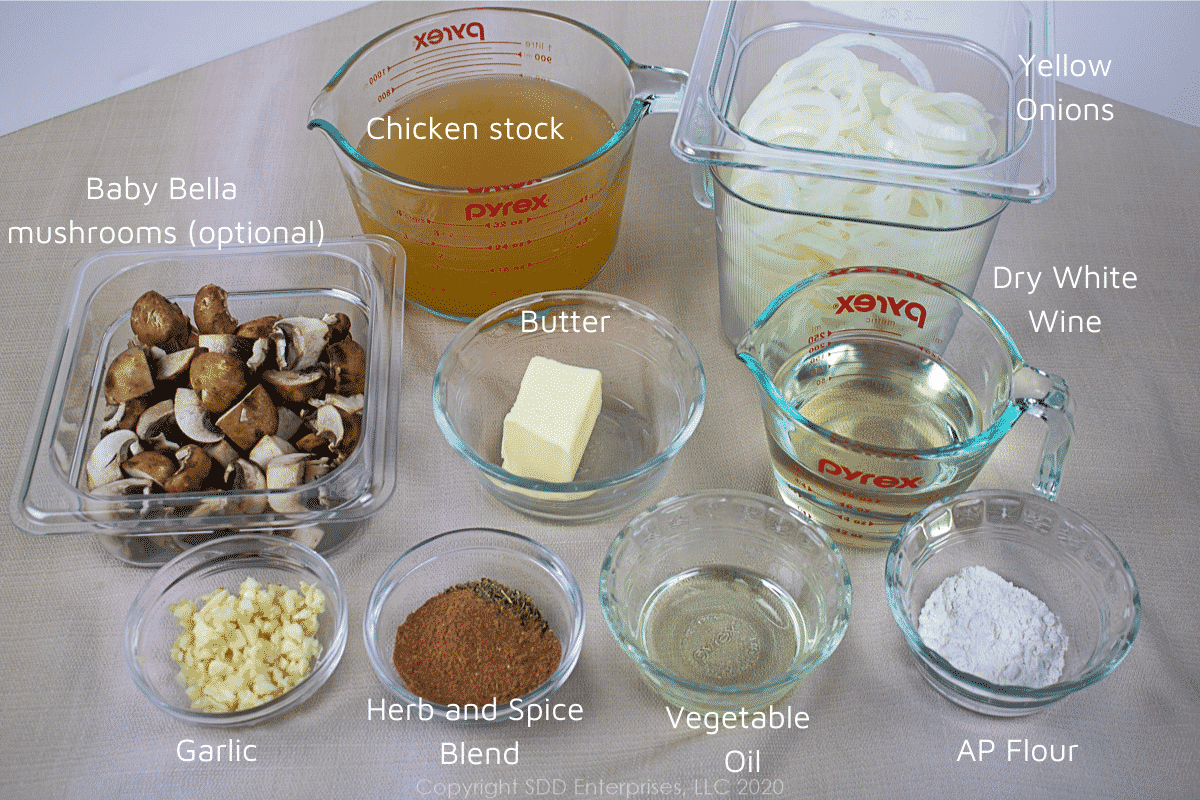 individual ingredients for smothered pork chops in prep bowls