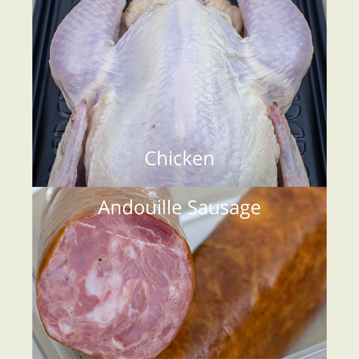 uncooked whole chicken and andouille sausage