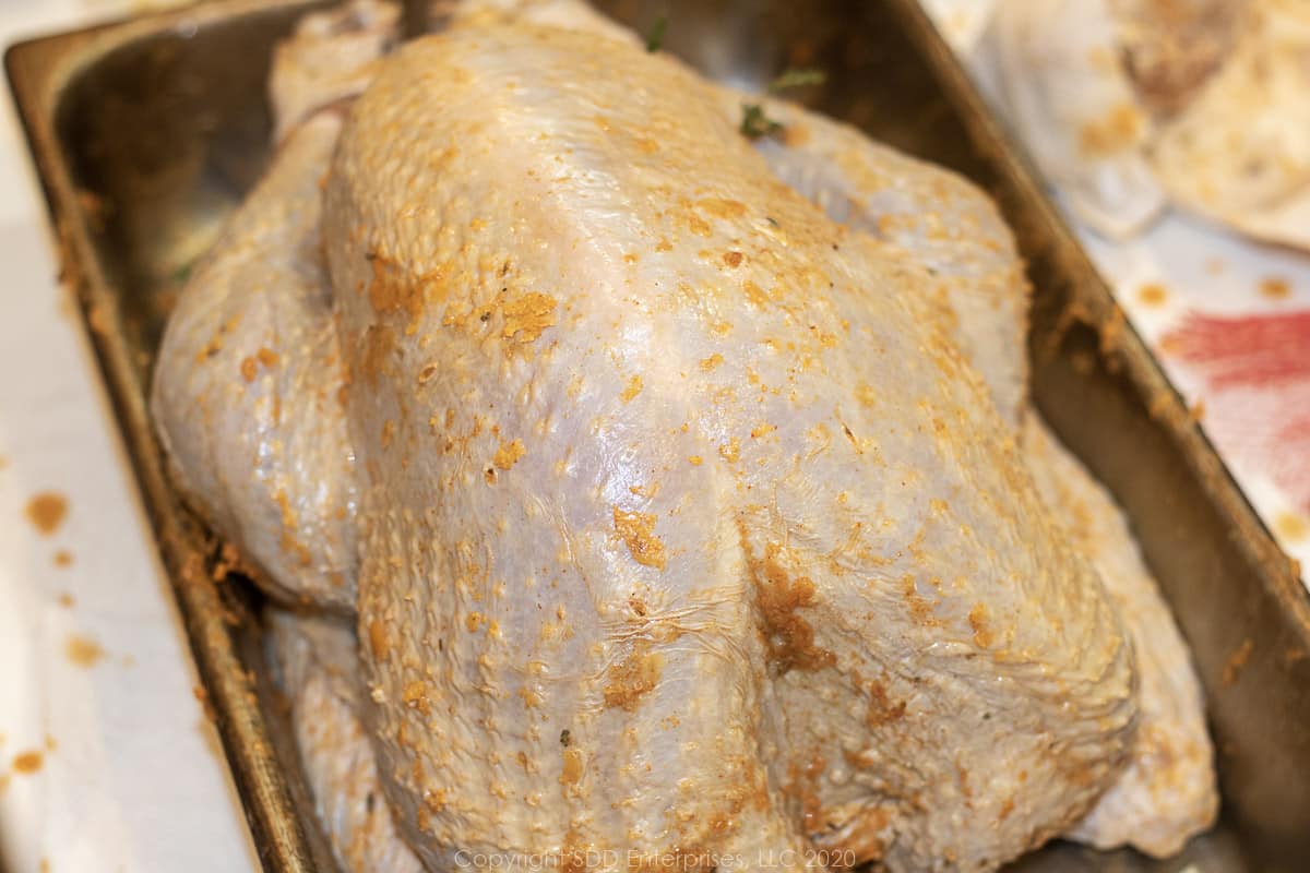 whole uncooked turkey with butter rub