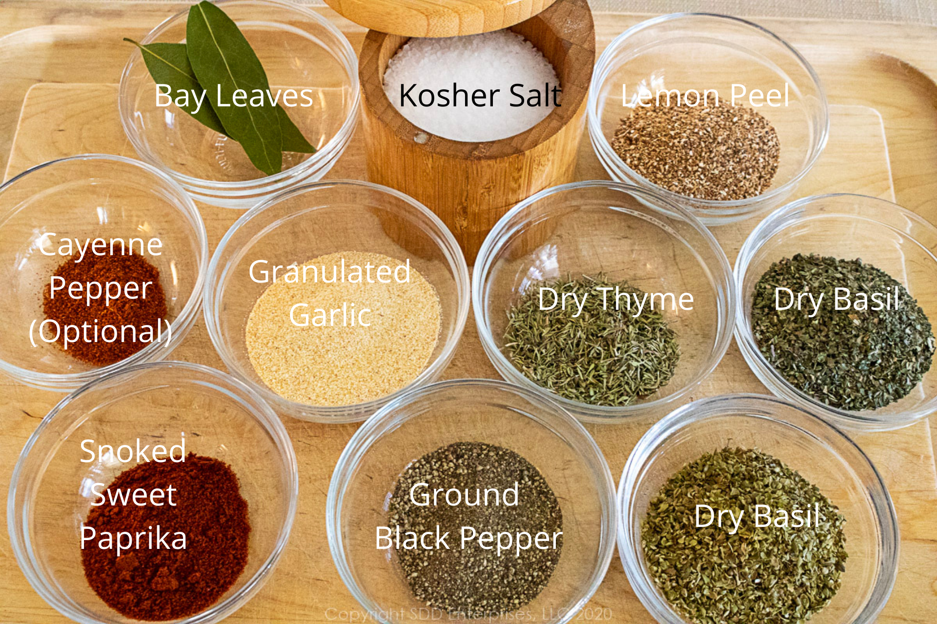 ingredients for dry brine in individual prep bowls