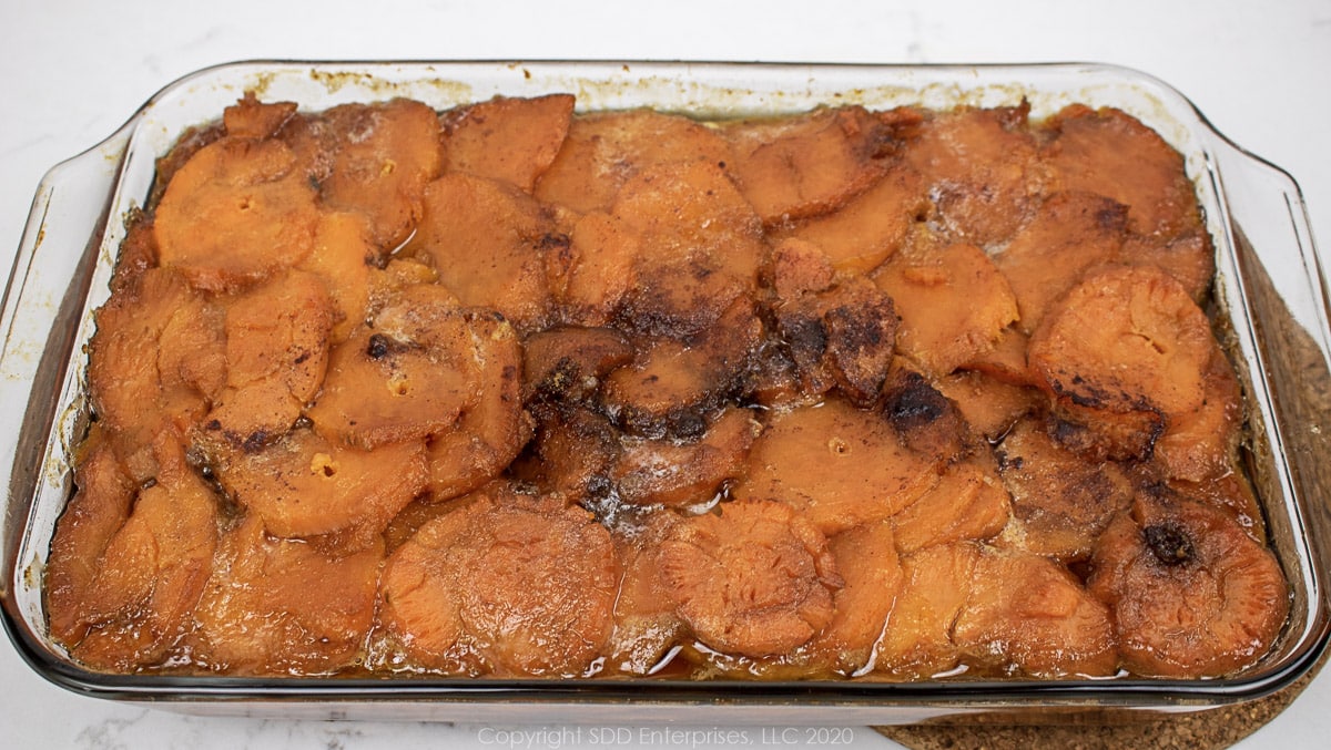 baked candied yams in a baking dish