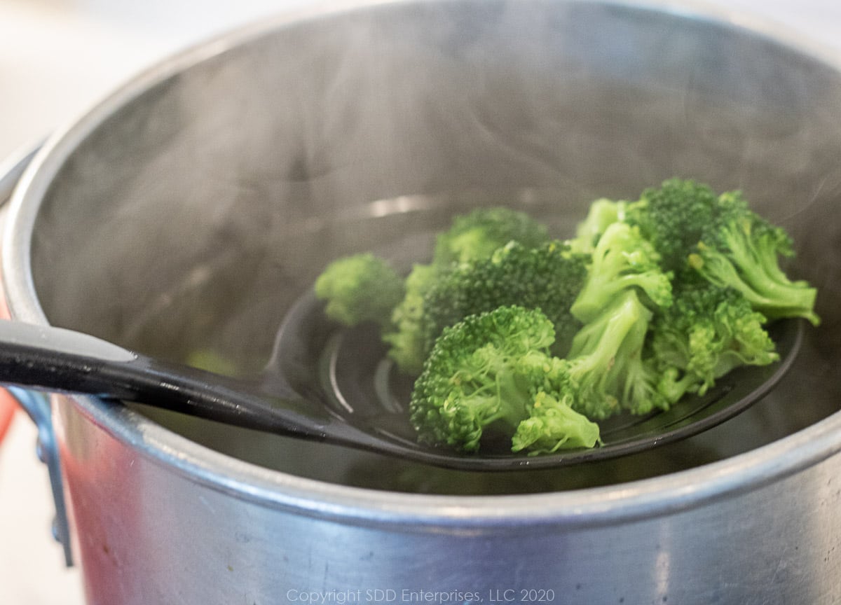 broccoli florets being parboiled