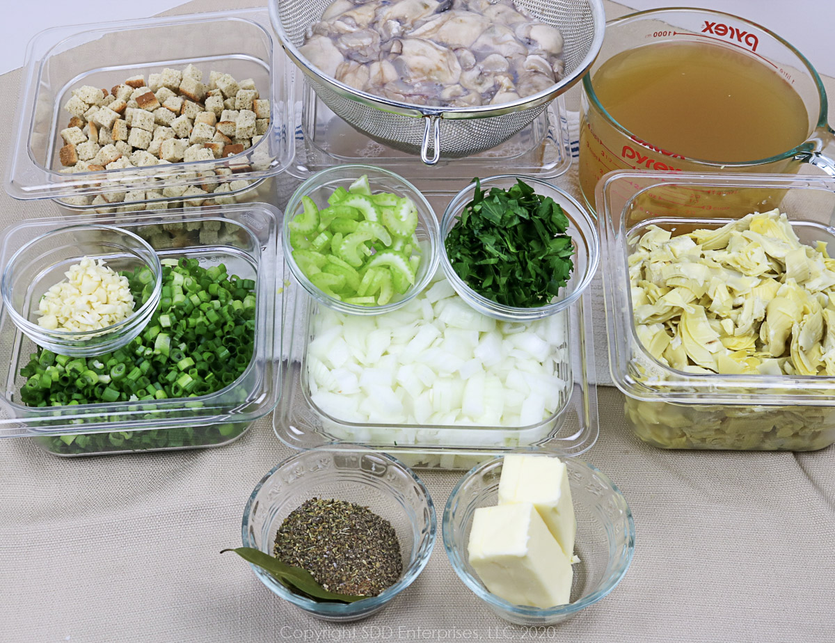 prepared ingredients for oyster artichoke dressing