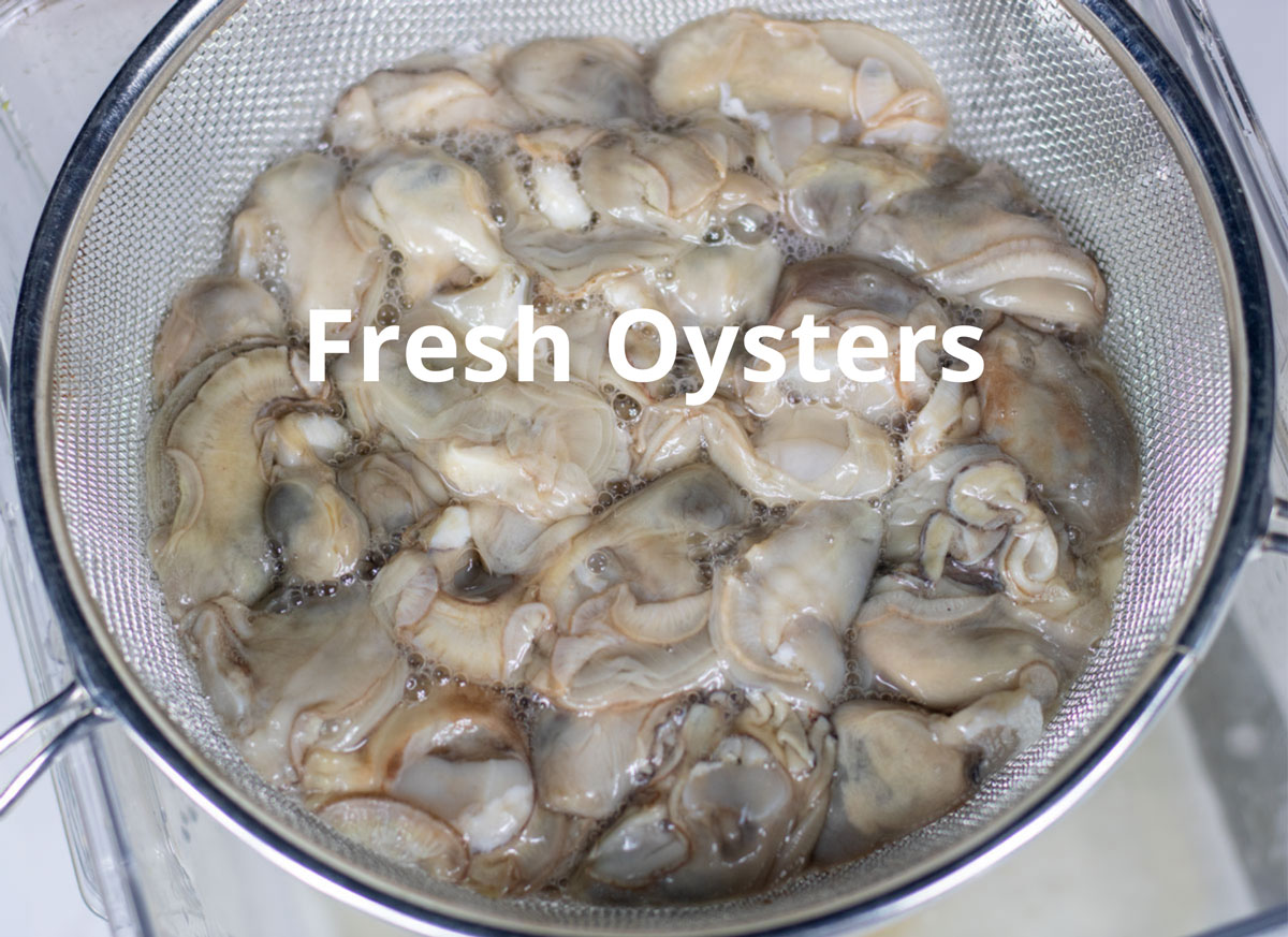 fresh oysters in a strainer