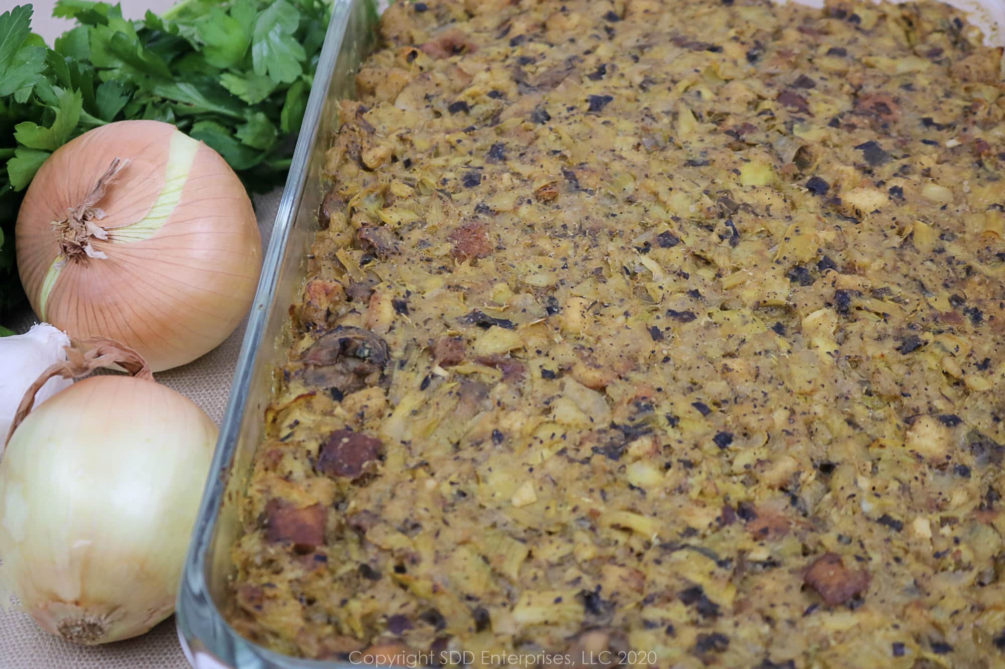 baked oyster artichoke dressing right out of the oven