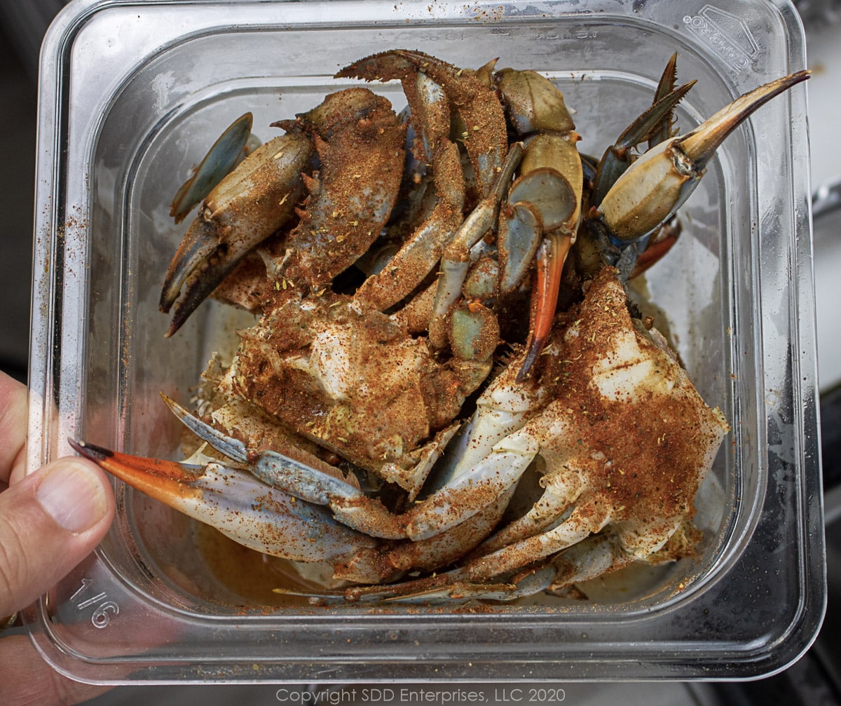 gumbo crabs with creole seasoning in a prep bowl