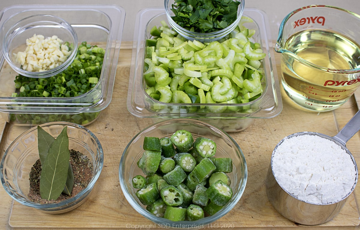 prepared ingredients for seafood gumbo 