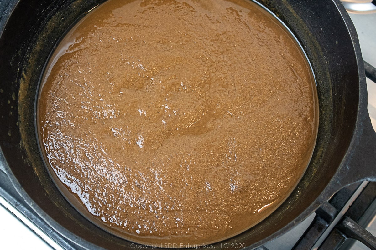 dark roux in a cast iron Dutch oven