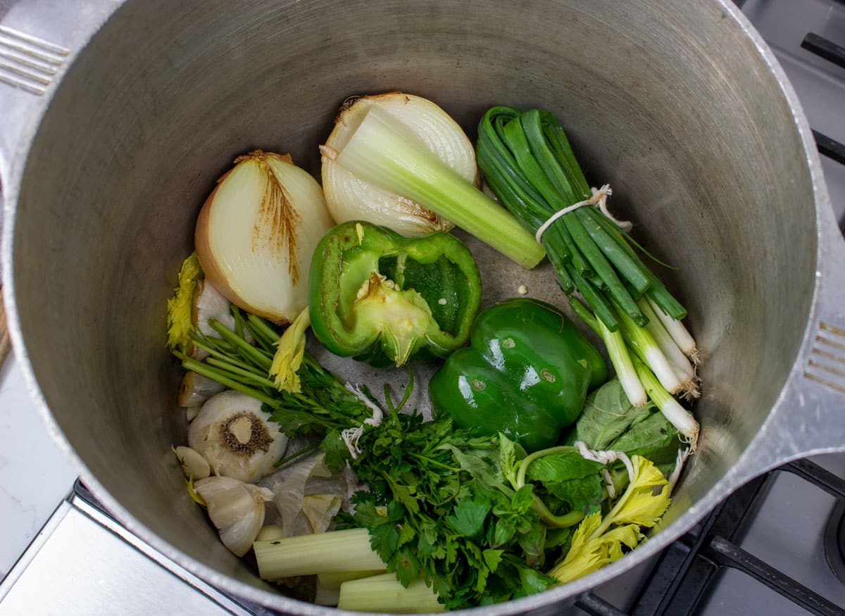 seared vegetables for stock on a stockpot