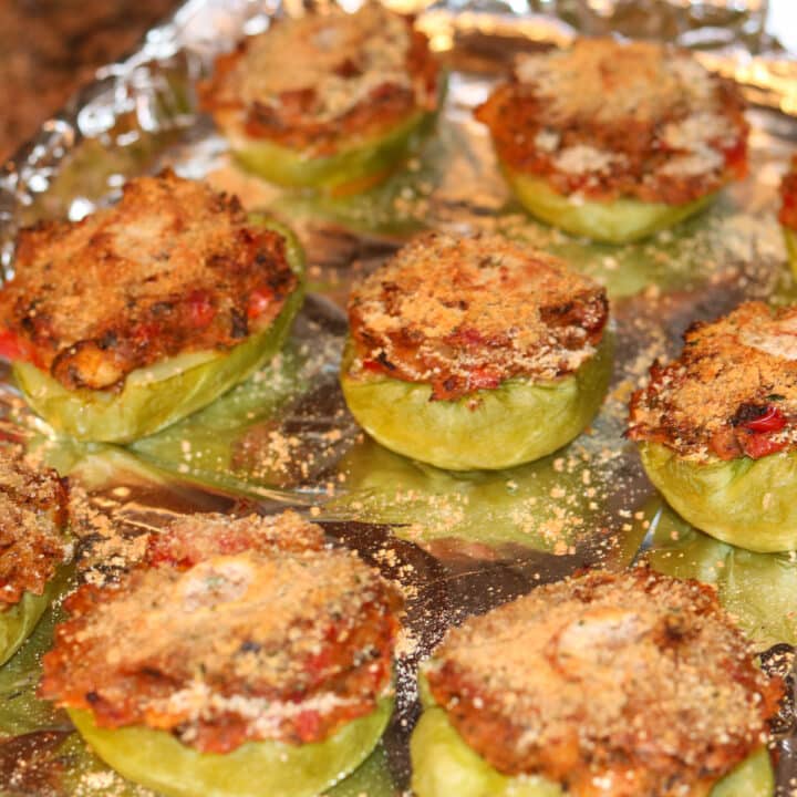 stuffed mirlitons with shrimp on a baking sheet