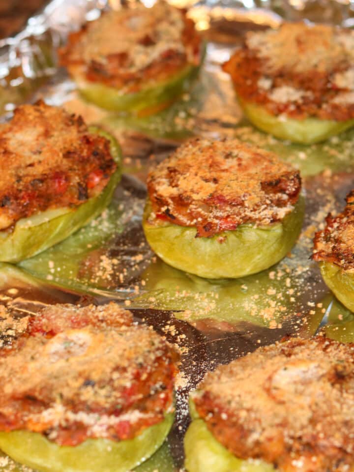 stuffed mirlitons with shrimp on a baking sheet