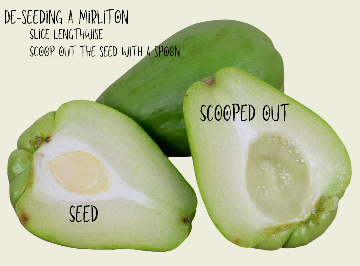 whole mirliton and sliced and deseeded mirliton