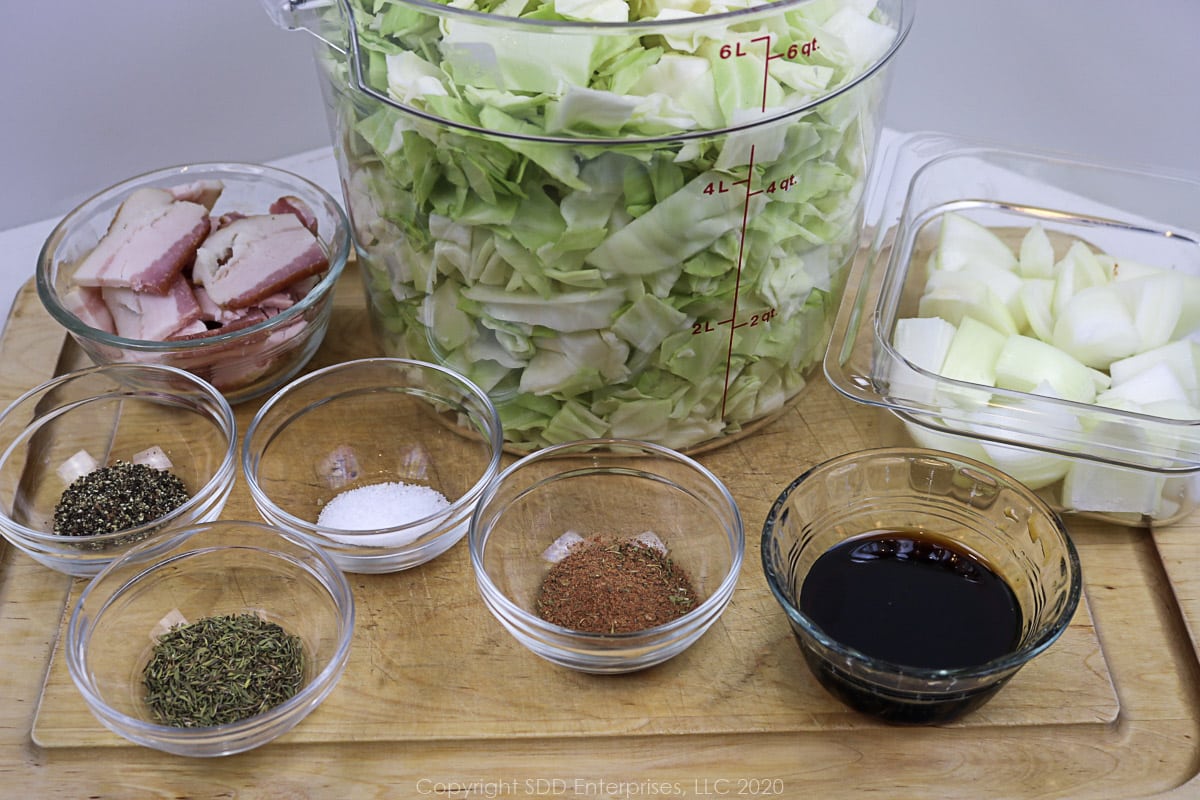 ingredienst prepared for fried cabbage with cane syrup