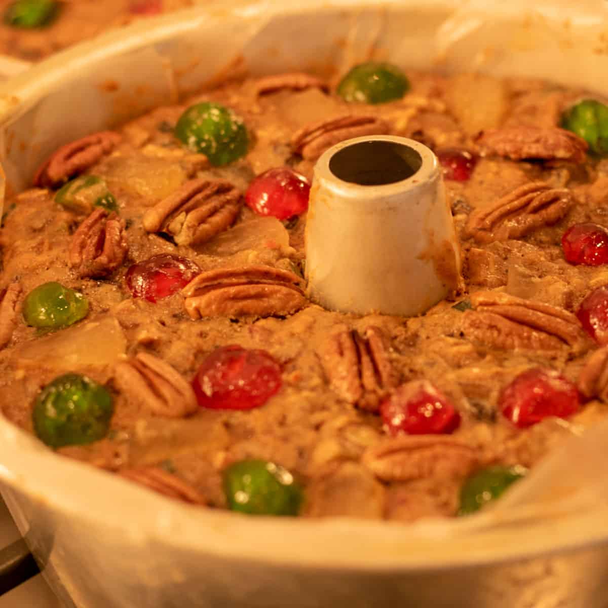 fruit cake in a fluted cake pan