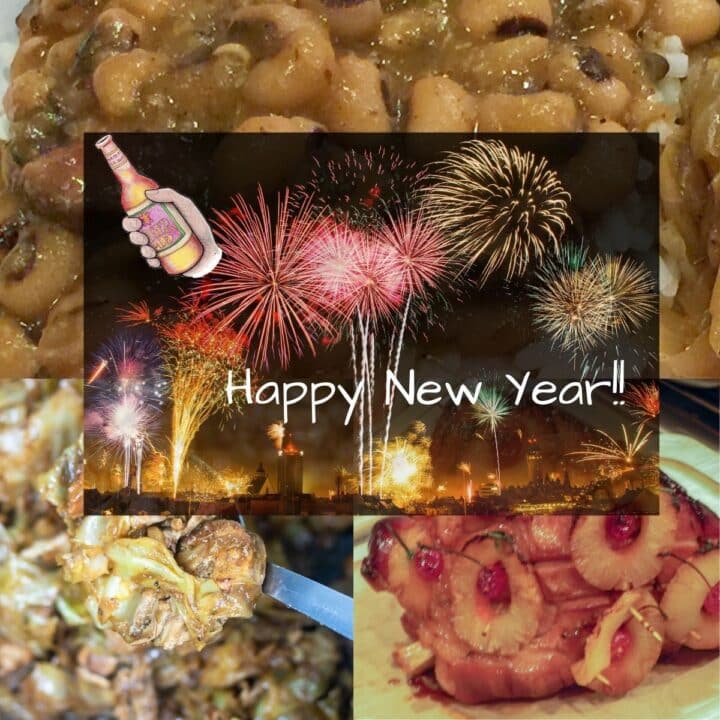 black-eyed peas, smothered cabbage and ham with new years graphics