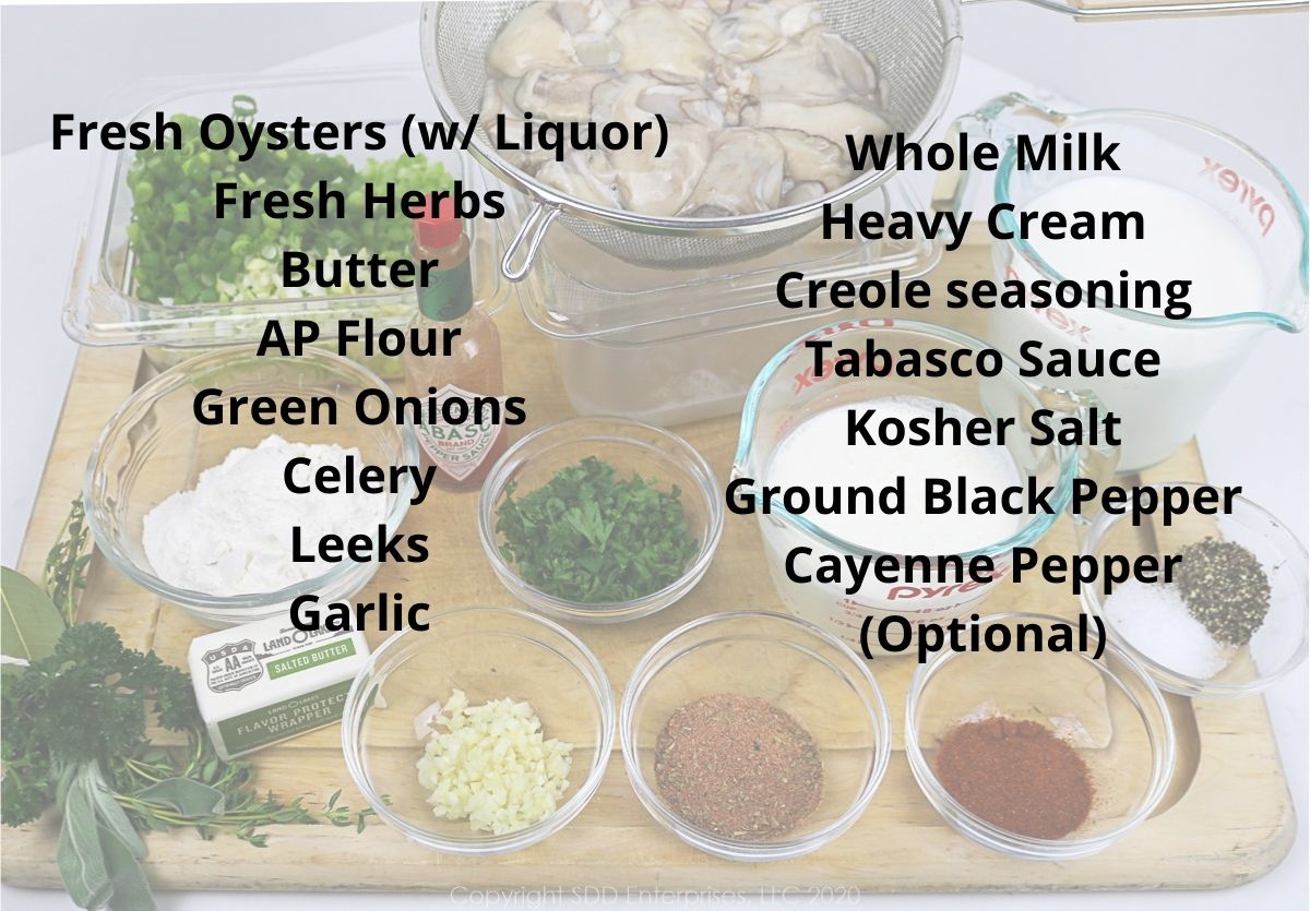 Listed ingredients for oyster soup superimposed over a picture of the ingredients