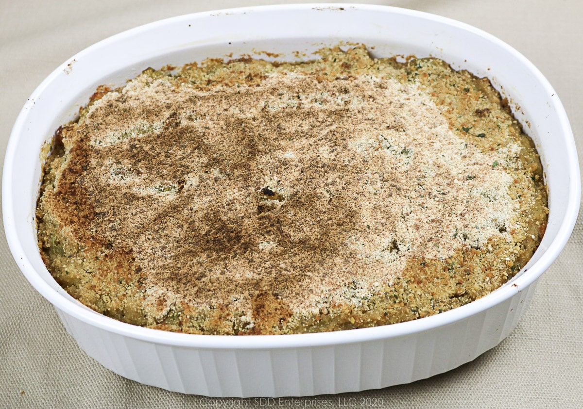 mirliton casserole in a baking dish right out of the oven