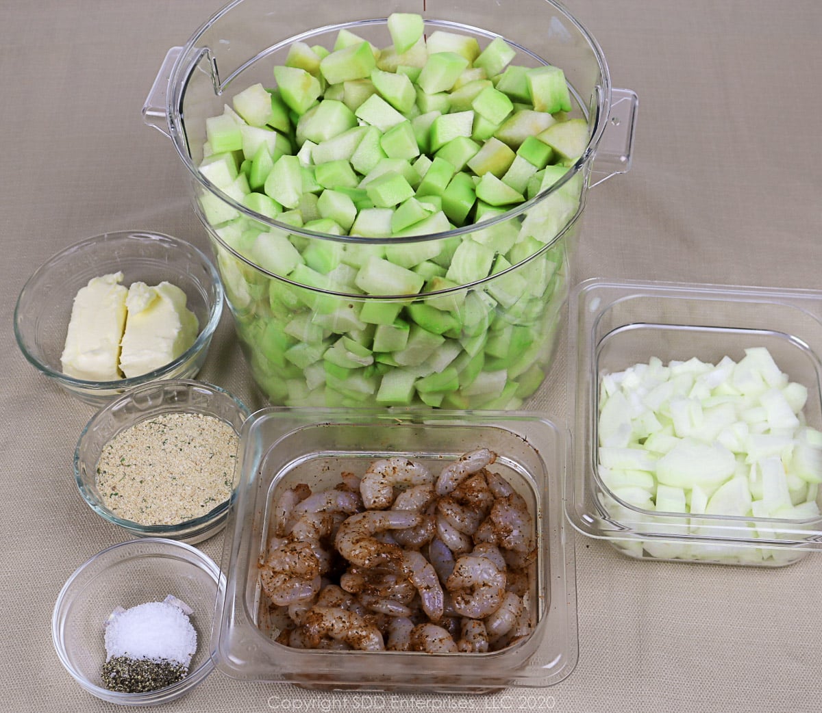 prepared ingredients for mirliton casserole with shrimp