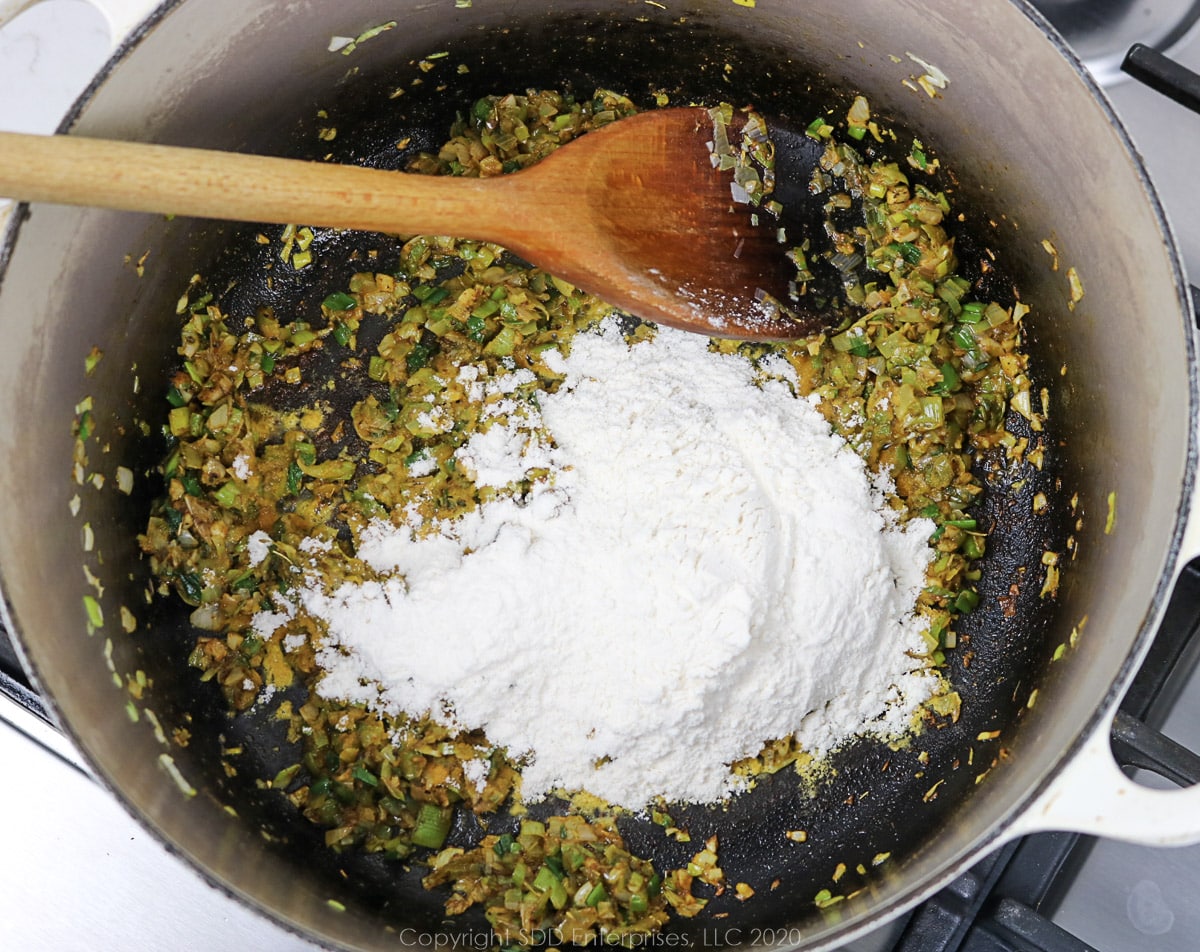 flour added to sautéed vegetables in a dutch oven