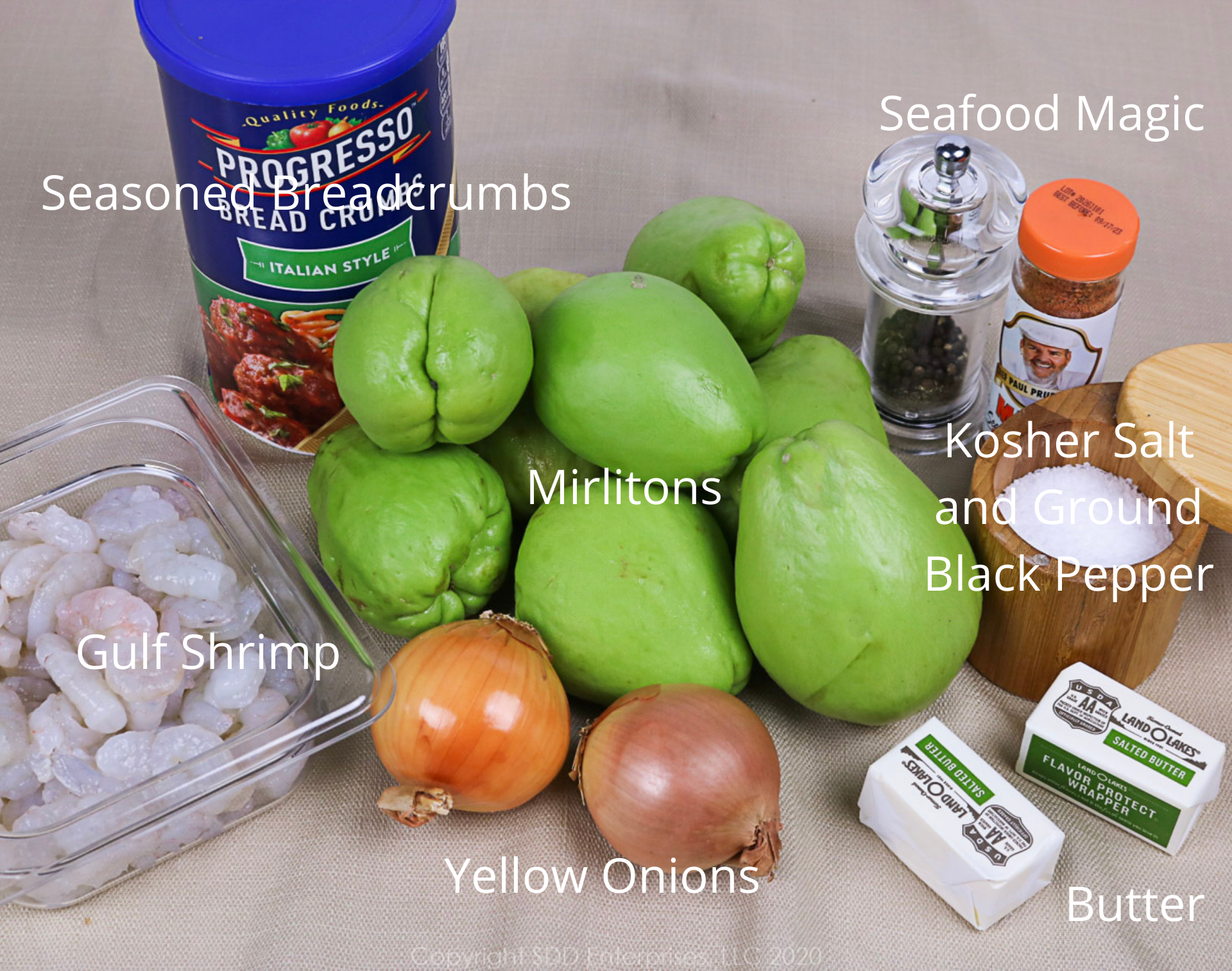 ingredients for mirliton casserole with shrimp