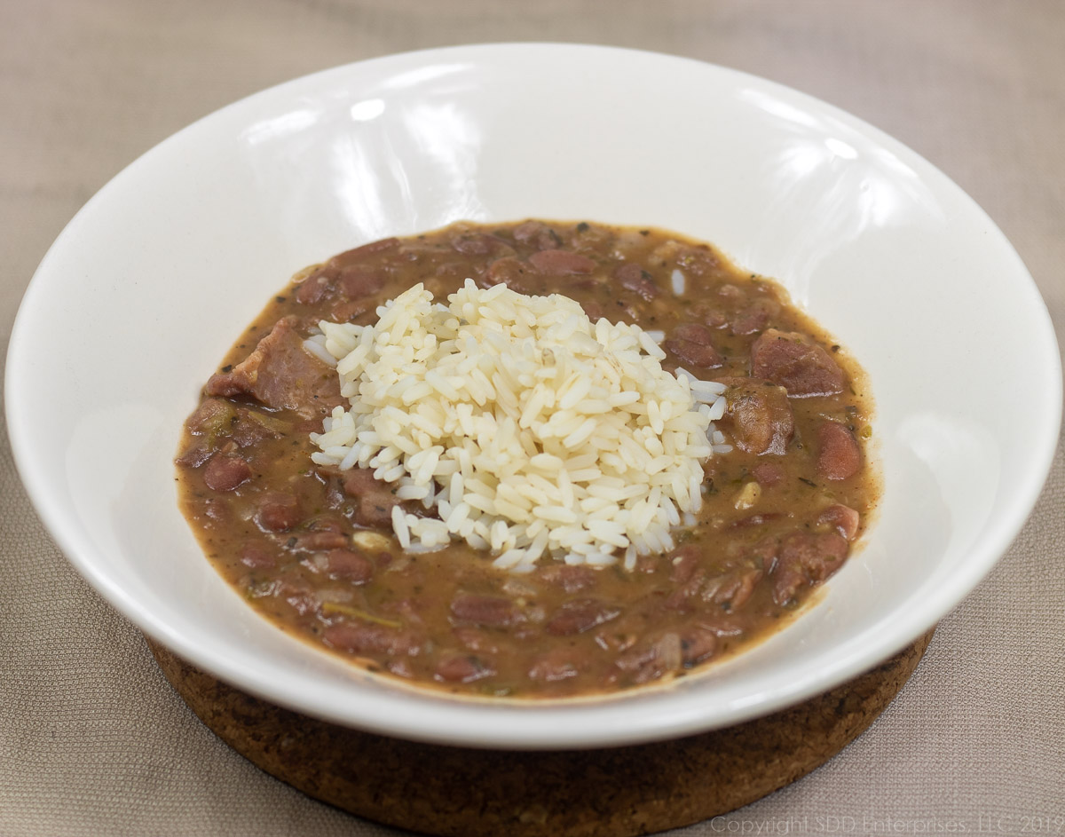 red beans and rice in a white bowl