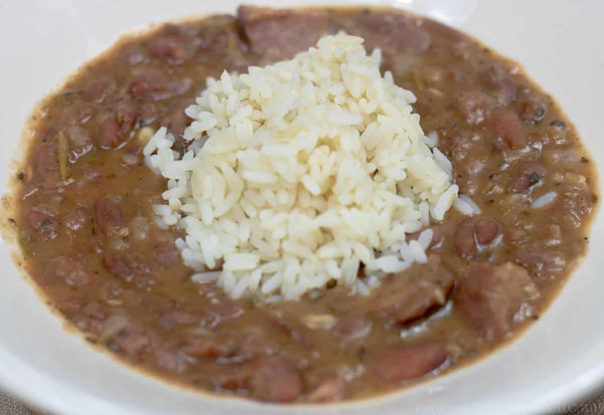red beans and rice in a white bowl