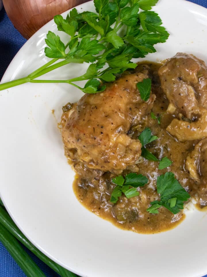 smothered chicken over rice in a white bowl with parsley, green onion, yellow onion and garlic garnish