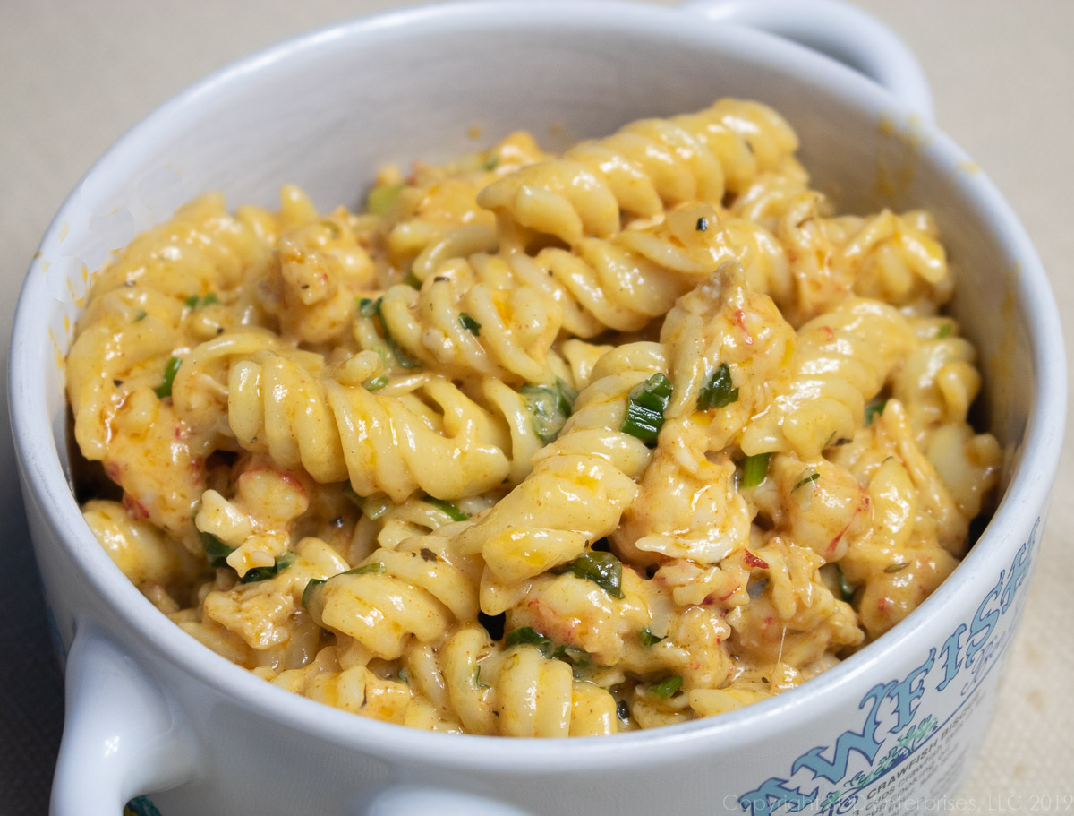 Crawfish Monica in a white bowl.