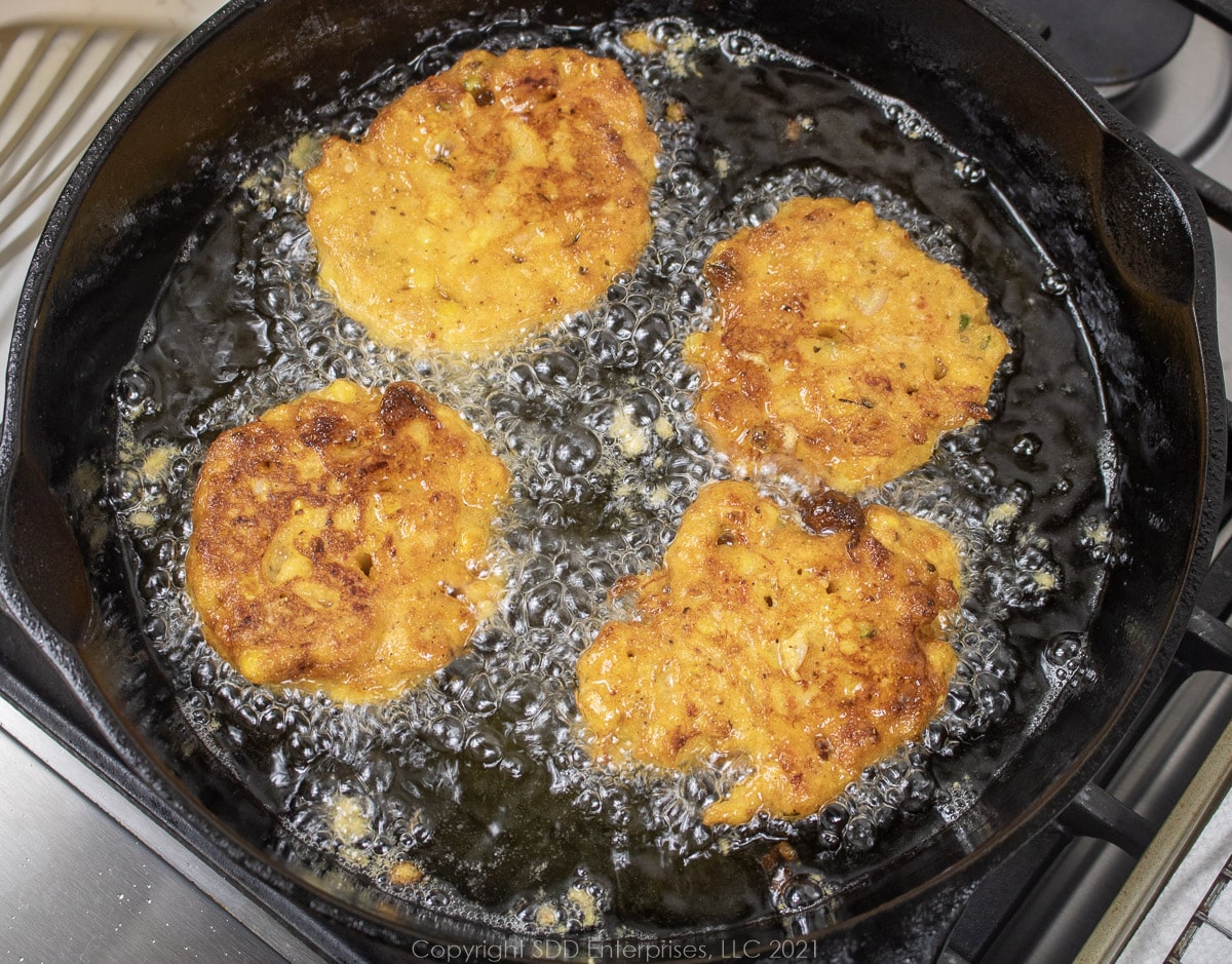 fritter batter frying in hot oil