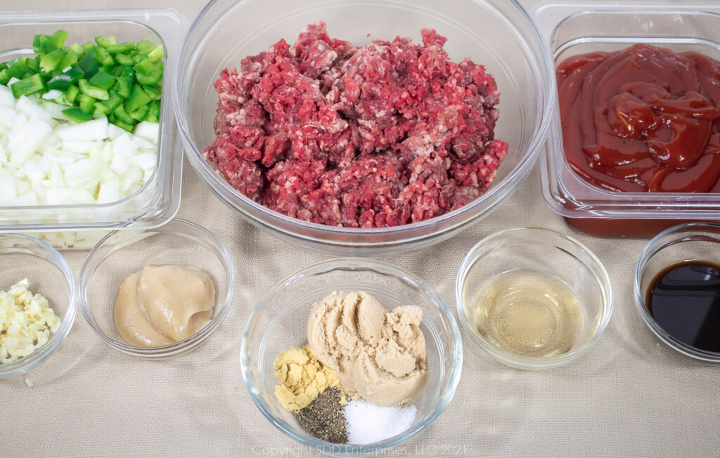 ingredients for Sloppy Joes laid out in prep bowls