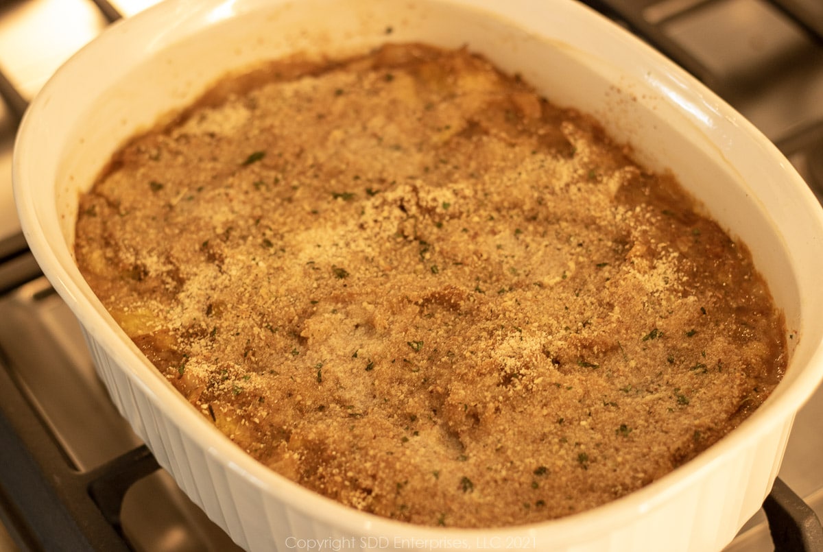 squash casserole in a baking dish right out of the oven
