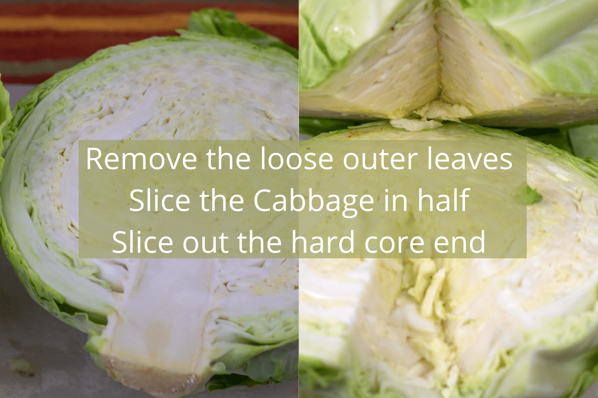 slicing the core out of cabbage