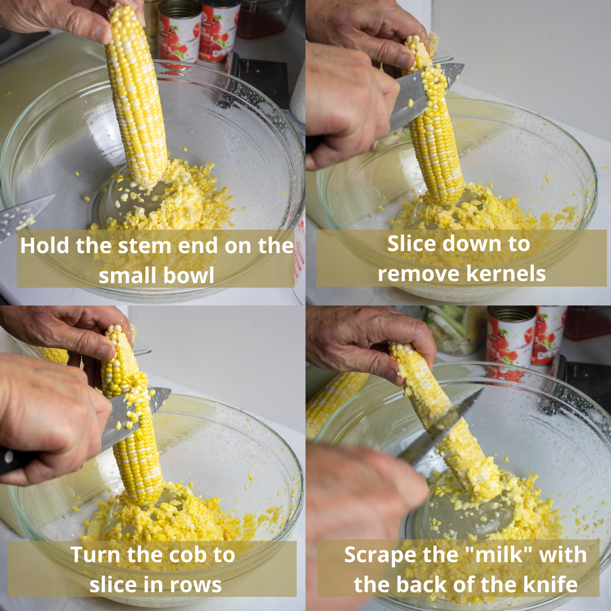 four images to instruct on cutting corn off the cob.