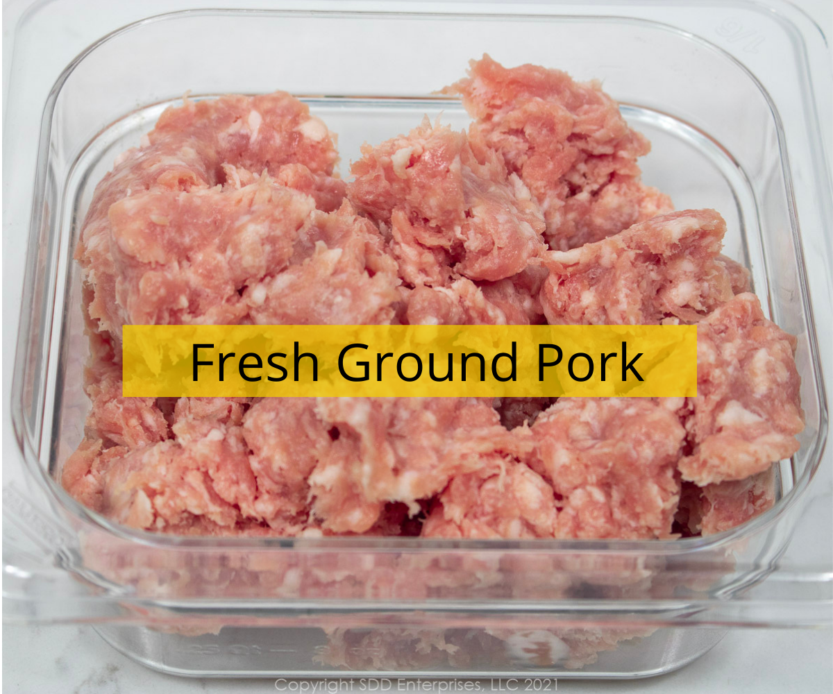 fresh ground pork in a cambro prep bowl