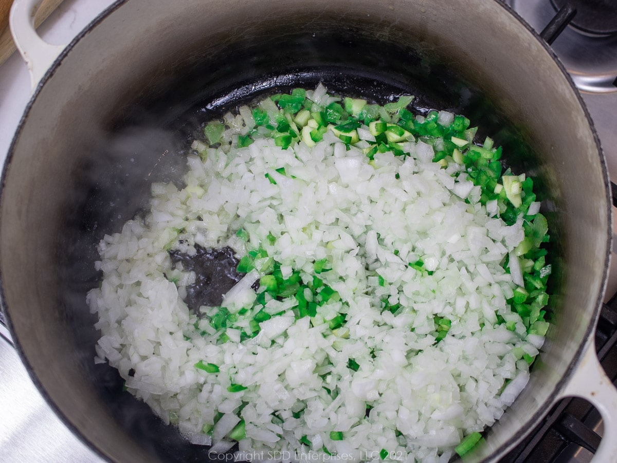 frying the trinity on a Dutch oven