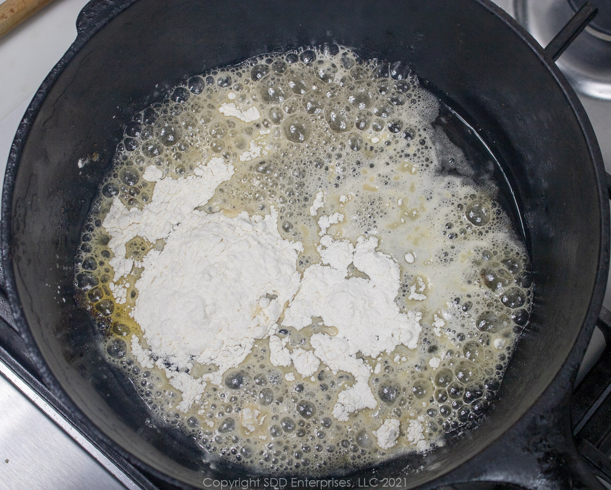 flour added to bacon grease in a Dutch oven for a roux