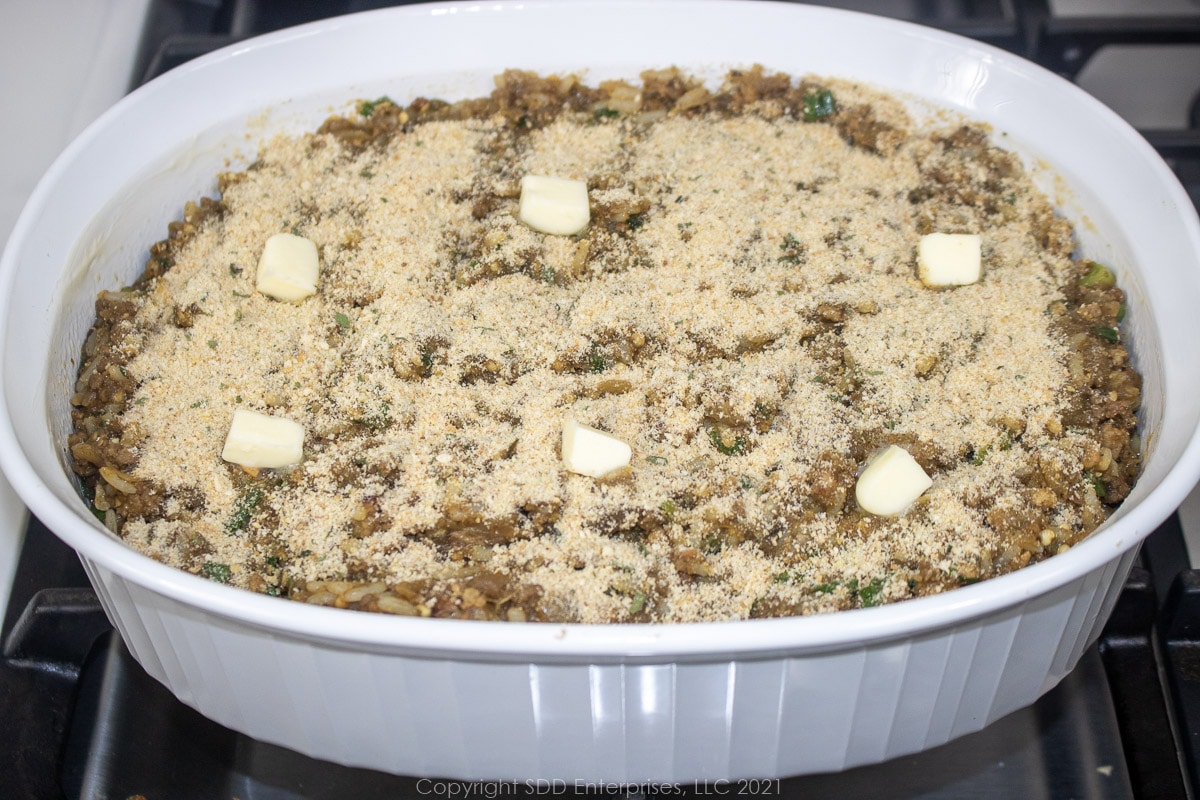 eggplant dressing in a baking dish ready for the oven