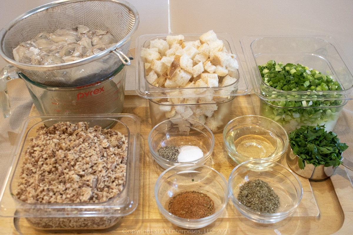 prepped ingredients for oyster dressing