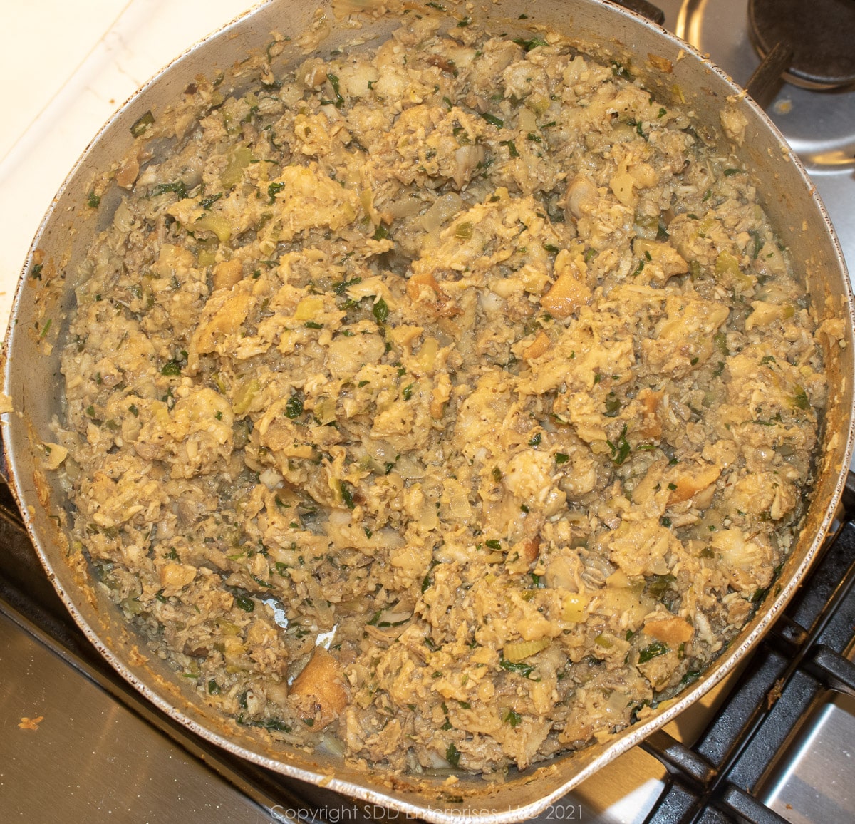 oyster dressing finished in a Dutch oven