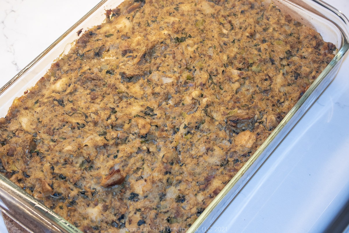 oyster dressing in a baking dish right out of the oven