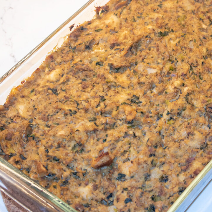 Oyster dressing in a glass baking dish right out of the oven