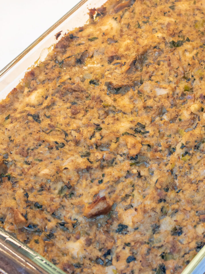 Oyster dressing in a glass baking dish right out of the oven